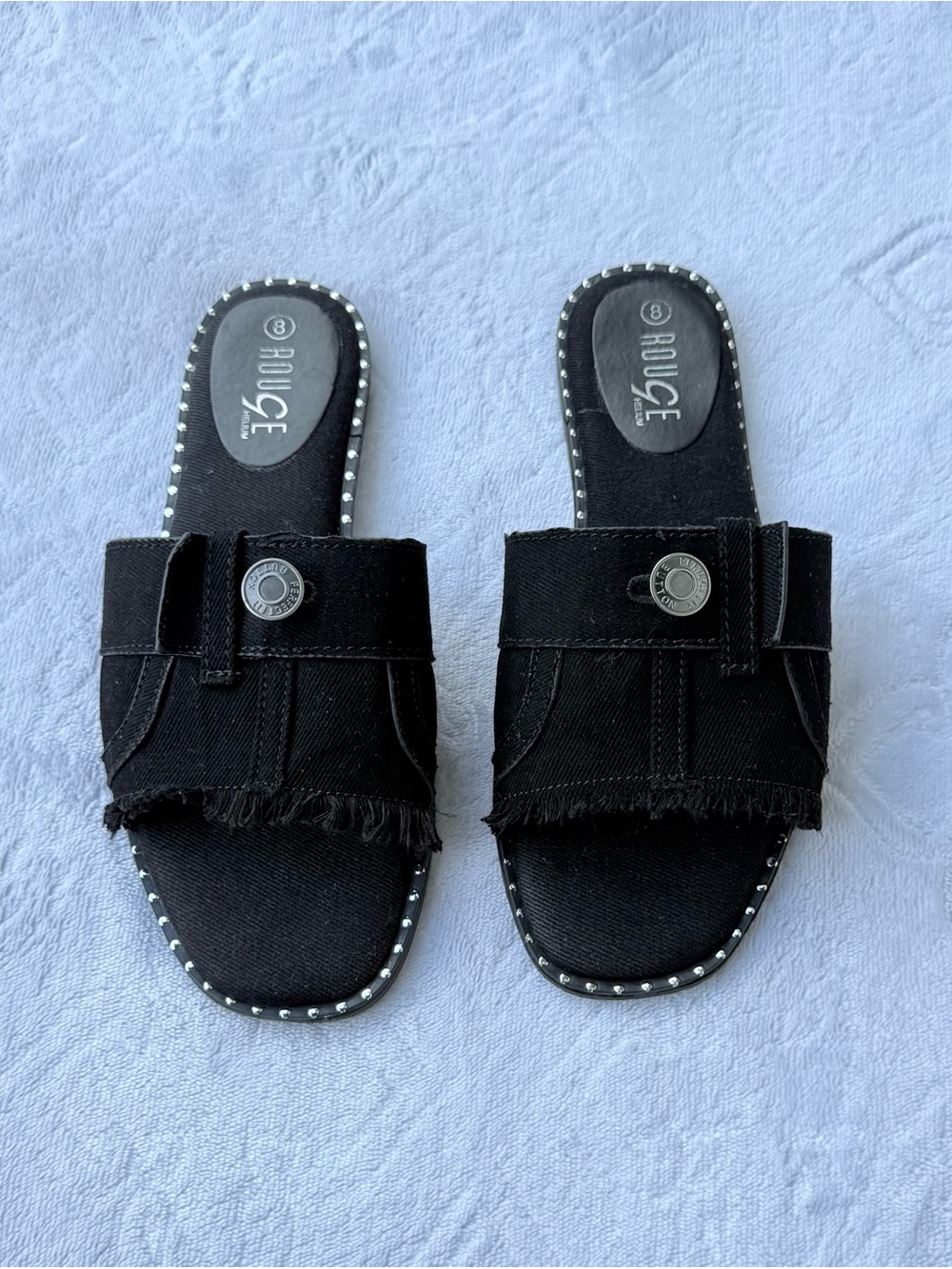 Rouge Helium Black Denim Slide Mules with Stud Trim